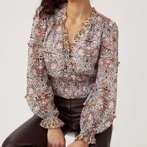 ANTHROPOLOGIE Printed Ruffle Blouse Sz Small